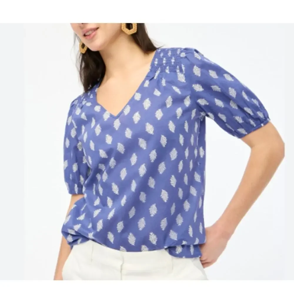 J.Crew Women's Cotton Blue and White Leaf print V-neck Top Plus Sz 3XL - Picture 1 of 7
